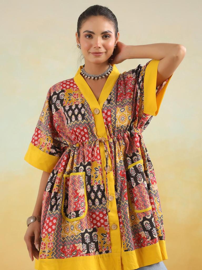Верхняя туника из хлопка с ручным принтом, кафтан, туника из хлопка с карманами, свободного кроя, туника свободного размера, красно-желтый кафтан, ограниченный тираж