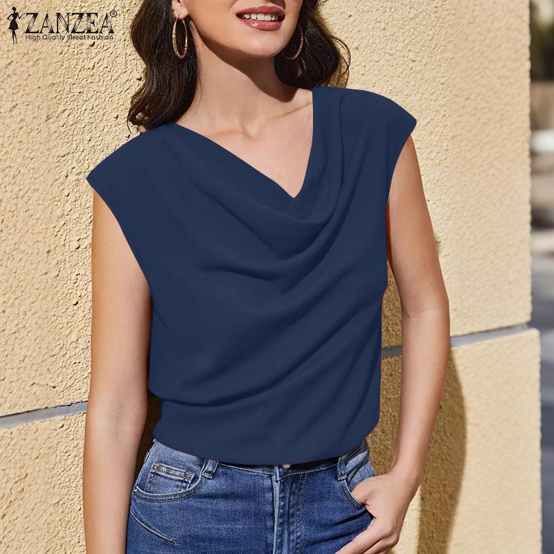 ZANZEA Womens Casual Swing Collar Solid Color Short Sleeve Blouse