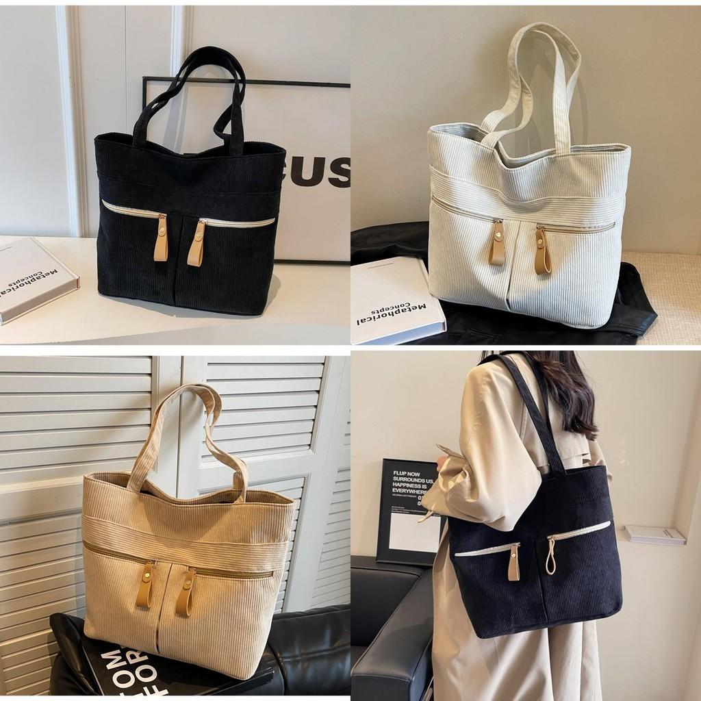 2023 New Winter Street Style Large Corduroy Tote Handbag With Zipper Closure