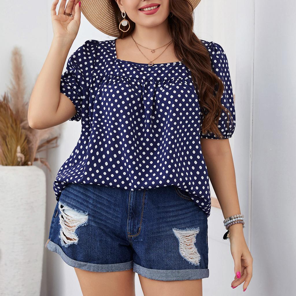 Летние женские свободные повседневные топы в горошек размера плюс, женские шифоновые футболки с круглым вырезом и короткими рукавами с решетчатым принтом для мамы