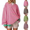 Women's Oversized Striped Color Blocking Long Sleeved Round Neck Sports Shirt Casual Loose Fitting Pullover Shirt Top