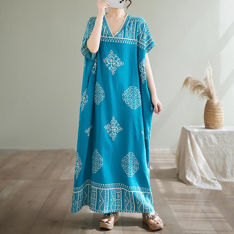 DIMANAF 2025 Летнее платье больших размеров для женщин, повседневное винтажное хлопковое платье с базовым принтом, длинное платье с V-образным вырезом свободного кроя