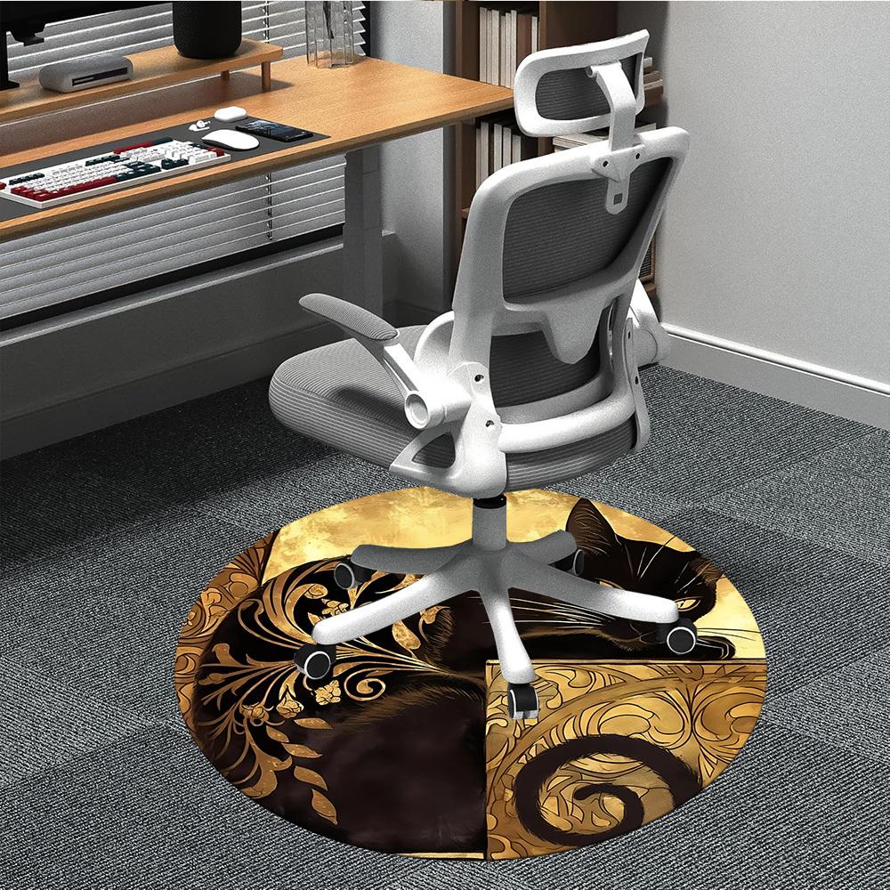 1pc Cat Gold Office Round Area Rug, Under Office Chairs Bedroom Living Room Home Decor, Room Deco, Available in Various Sizes