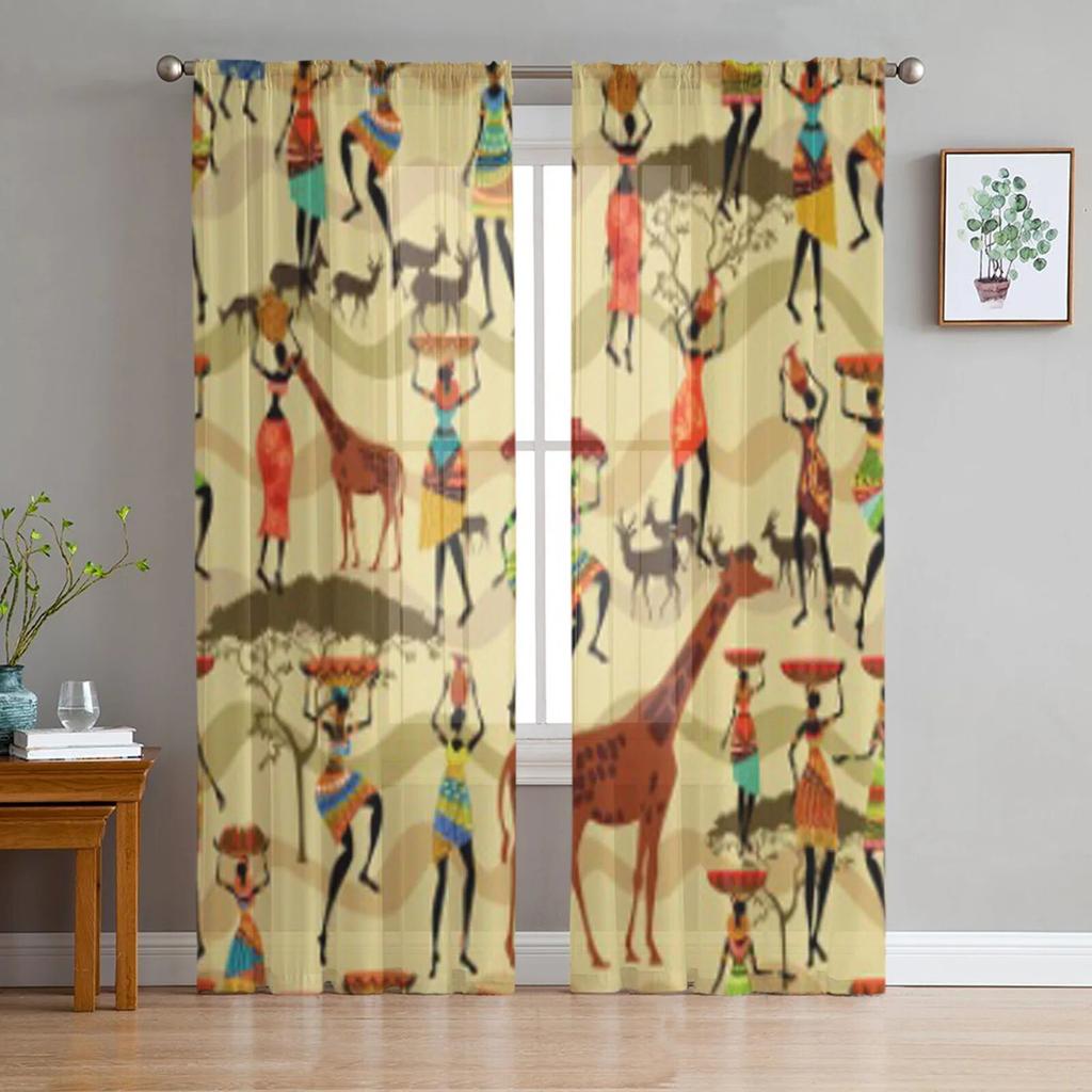 Seamless Texture With African Women Chiffon Sheer Curtains for Living Room Bedroom Decoration Window Voiles Tulle Curtain