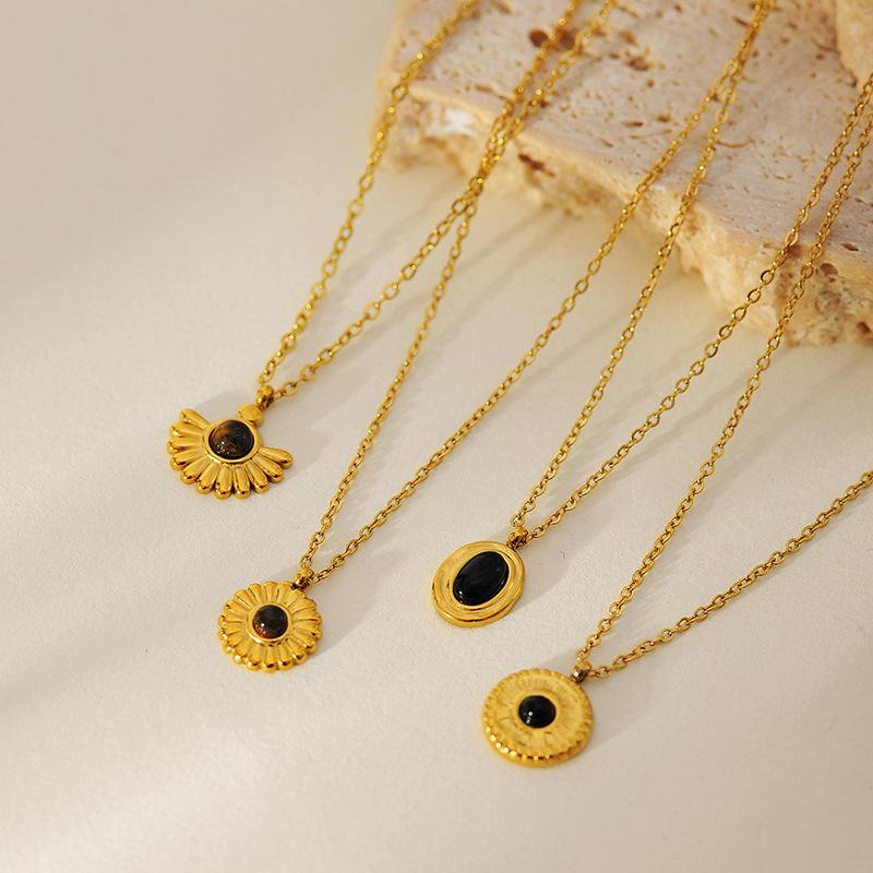 French Vintage Sunflower Pendant Necklace Women Minimalist Gold Chain Natural Stone Collarbone Jewelry