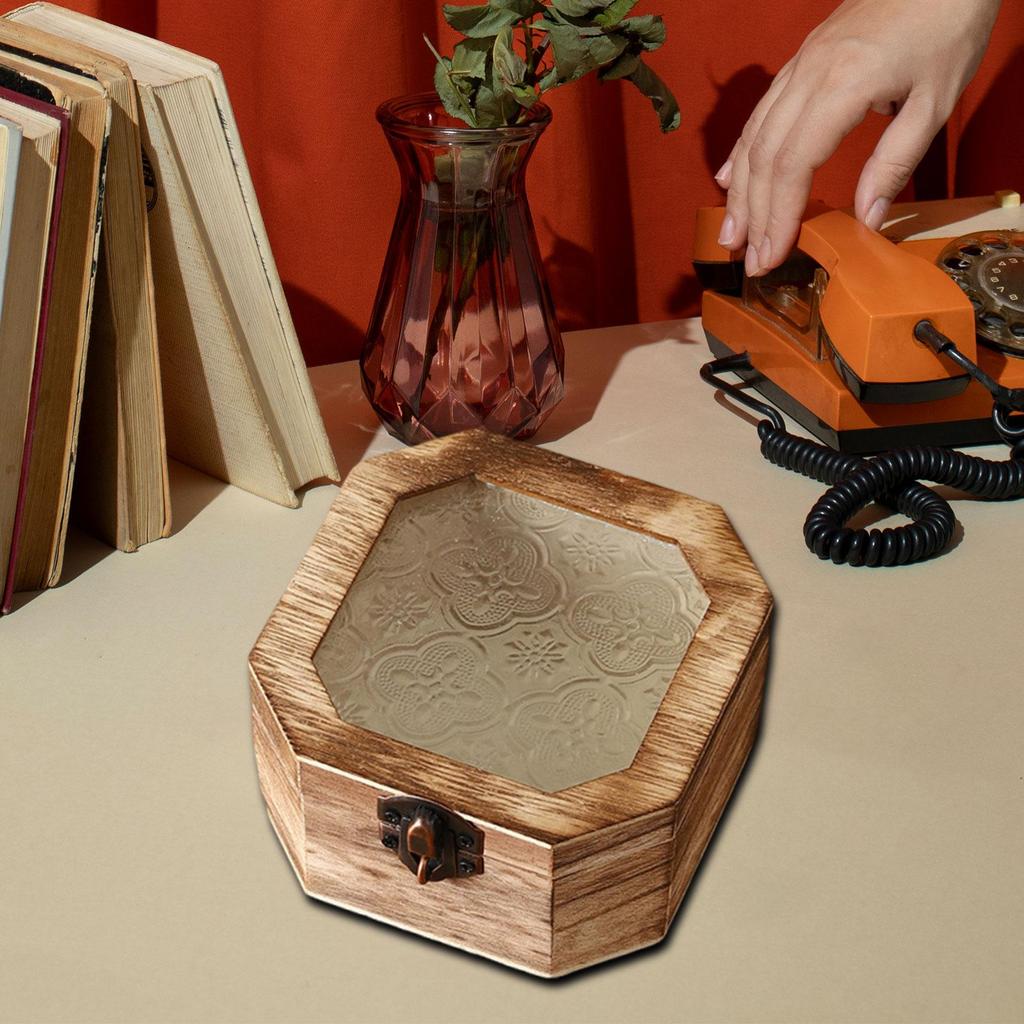 Wooden Storage Box Ornament,with Glass Lid Organizer,Keepsake Box Stashbox for Bedroom Entryway Kitchen Living Room Jewelry