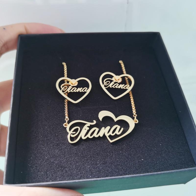 Qiuhan 20mm Heart Earrings Necklace Set, Personalized Stainless Steel Custom Name Jewelry Set