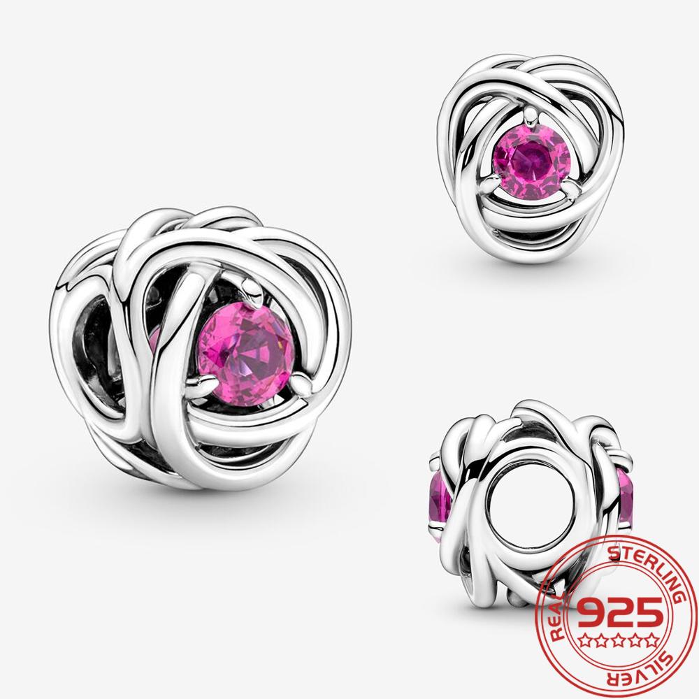 Fine 925 Silver October Pink Birthstone Eternity Circle Charm Fit Fashion Bracelet Silver Charm Necklace Girls Gifts DIY Jewelry