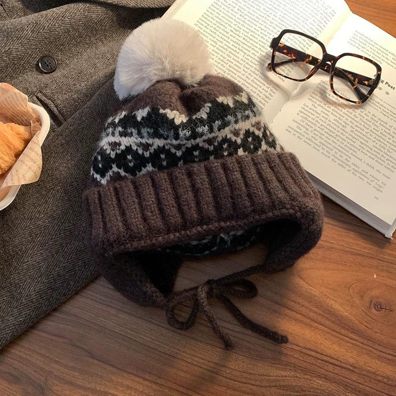 Женская вязаная шапка-бини с ушками в стиле Fair Isle - Теплая толстая шапка для осени и зимы