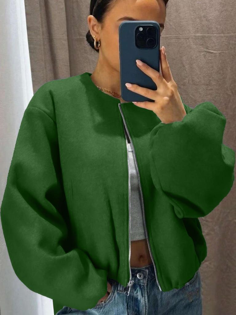 Women's Autumn/Winter Bomber Jacket - Round Neck, Drop Shoulder, Lantern Sleeve, Street Style Zip Cardigan