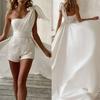 Prom Romper Tight Waist White Lace Up Big Knot Charming Shiny Sequin Luxurious One-Shoulder Sleeveless Wedding Jumpsuit Women Clothes