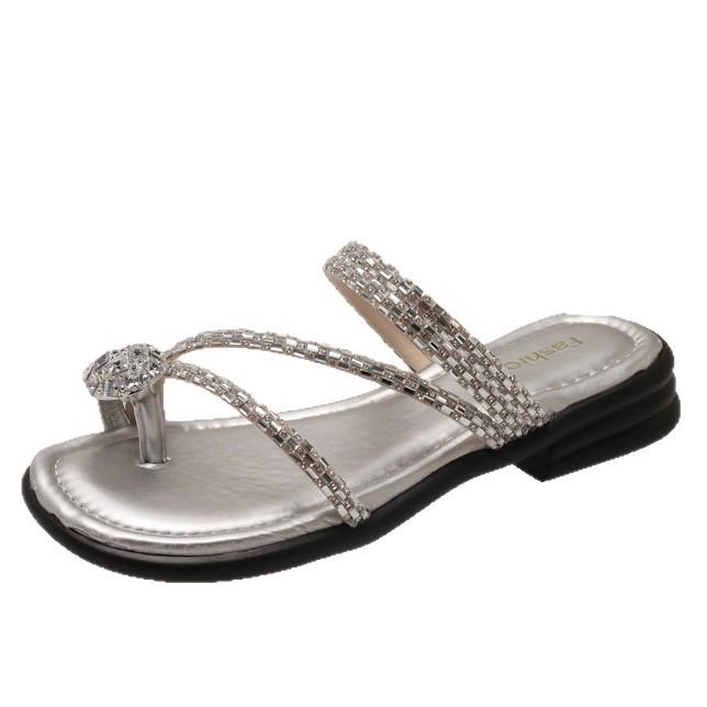 French Rhinestone Fairy Slippers Female Summer Wear Flat Bottom 2025 New Clip Toes Beautiful with Skirt Beach Sandals