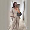 Women's Fashion Casual Suit V-neck One Button Loose Long Sleeved Top, High Waisted Trousers Two-piece Set