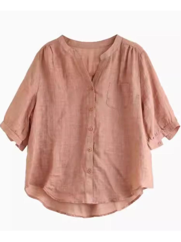 Johnature Women Vintage Solid Color Shirts V-Neck Short Sleeve Tops Patchwork Pockets Summer Casual Blouses