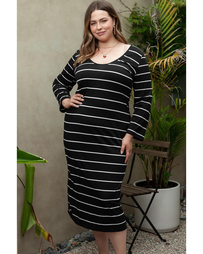 Azura Exchange Black Plus Size Striped Loose Long Shift Dress