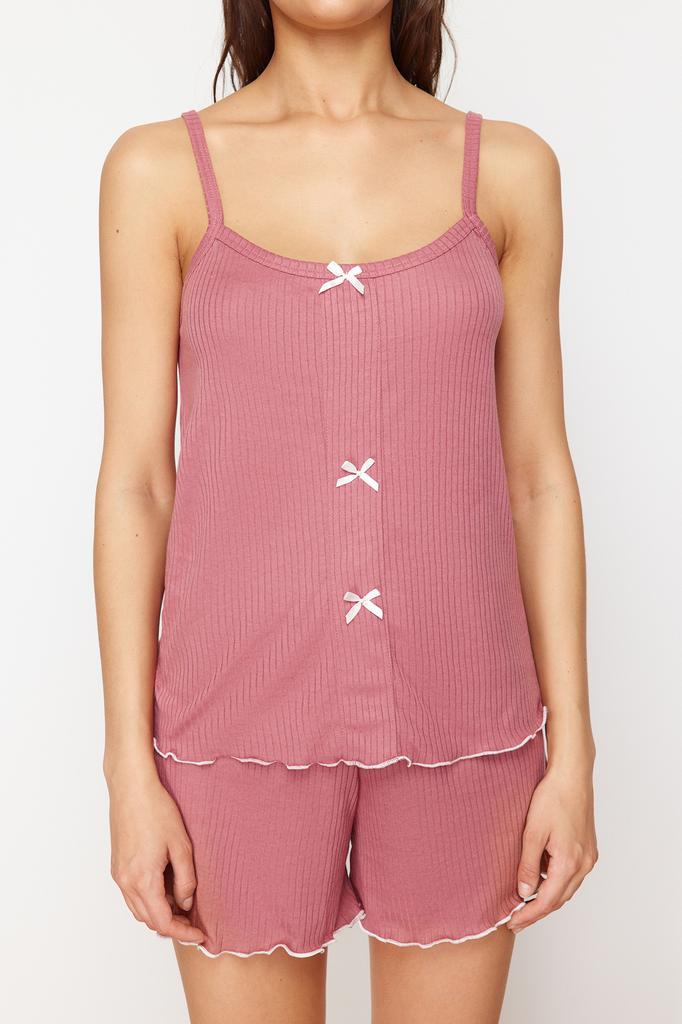 Women's Fashion New Pajama Set Yellow Ribbon Detailed Corded Knitted Pajama Set