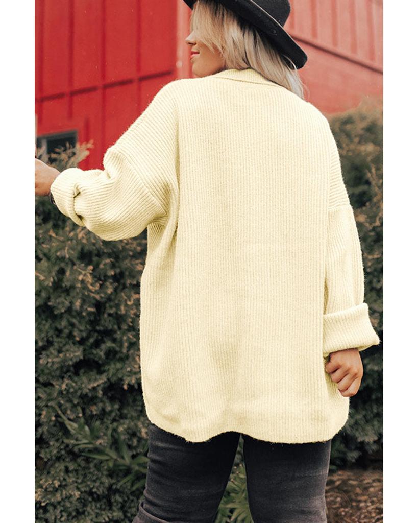 Azura Exchange Beige Plus Size Ribbed Flap Pocket Collared Knit Jacket