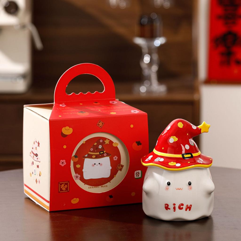High-value mug, cute water cup with lid, souvenir for girls, girlfriend gift, cartoon ghost ceramic cup.