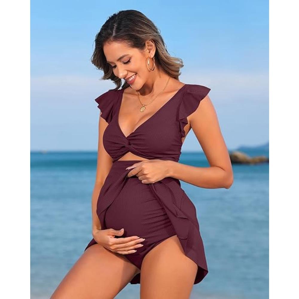 CHARMLEAKS Ruffle Ribbed Maternity Swimsuit One Piece Cutout Pregnancy Bathing Suits Push Up Twisted Swimwear Swim Dress