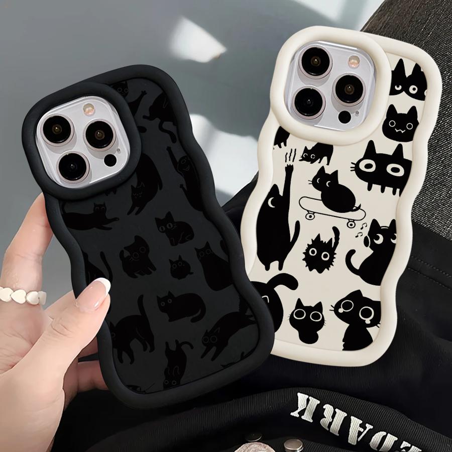 Черный кот Мультяшный Мягкий Чехол-бампер для телефона для iPhone 16 Pro Max 11 17 Air 15 Plus 12 14 8 XR 13