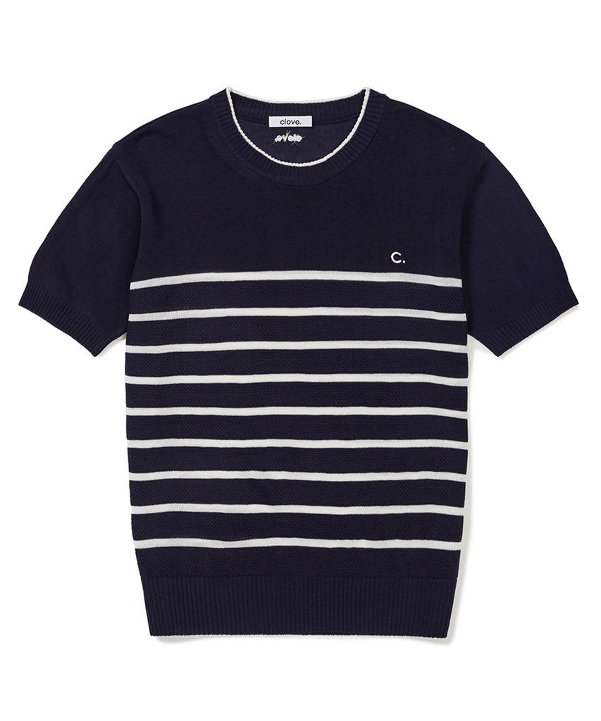 CLOVE [24Ss Clove] Stripe Round Neck Knit (Navy)
