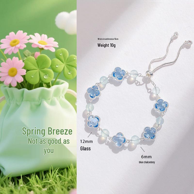 Браслет женский 'Счастливый клевер' с аметистом и розовым кварцем - Четырехлистный клевер Легкая роскошь Модная бижутерия.