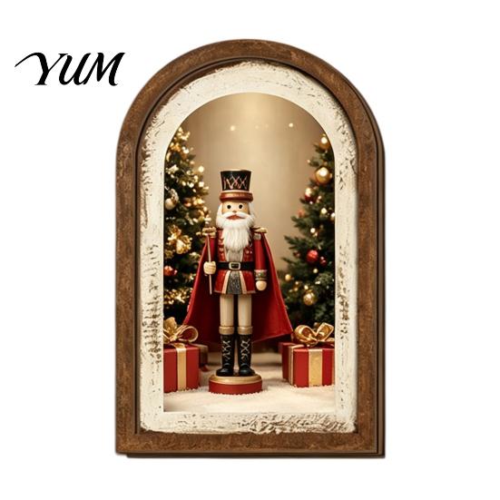 Glowing Christmas House Pictures Vintage Arched Wooden Wall Art, Double Layer Wood Framed Sign, Farmhouse Tree Decorations Xmas Print Hanging