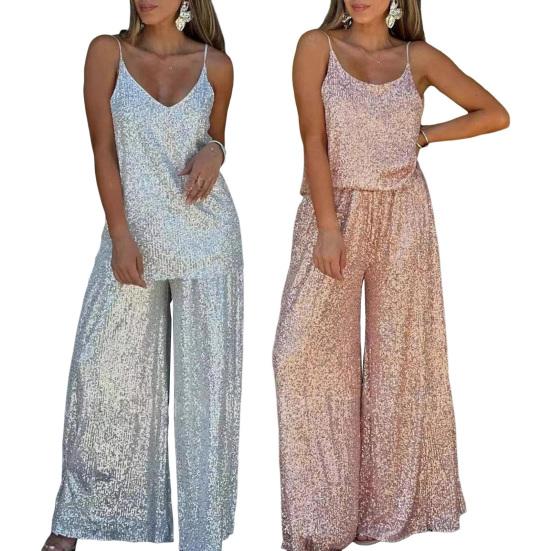 Women Sequin Two Piece Outfit Scoop Neck Sleeveless Cami Top Wide-leg Pants Set Evening Party Dressy Suit