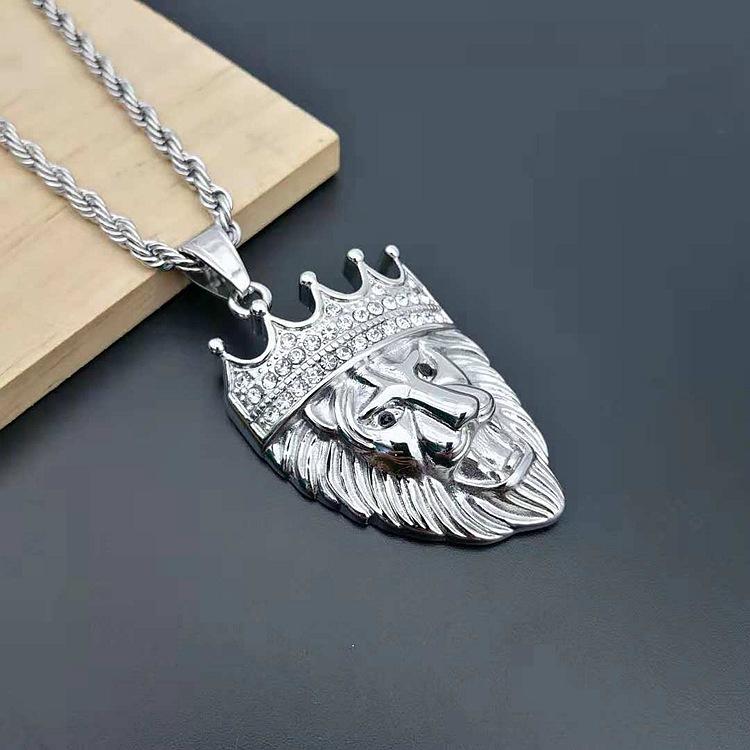 Full Iced Rhinestone An Crown Lion Tag Necklaces Pendants Cuban Chain 316L Stainless Steel Hip Hop Gold Silver Color Jewelry