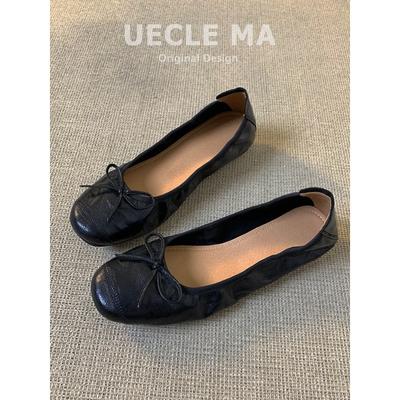 Версия из коровьей кожи, ретро туфли-лодочки с мелким вырезом, женские кожаные на плоской подошве, универсальные туфли-бантики для вечера, супермягкие балетки-яичные рулетики