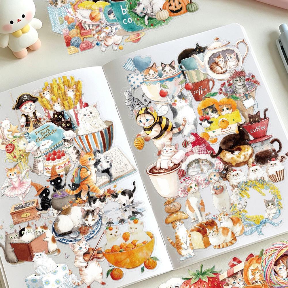 50Pcs/Set Cozy Watercolor Cat Dreamland Series 02 PET Stickers Waterproof DIY Fashion Decals Transparent Stickers