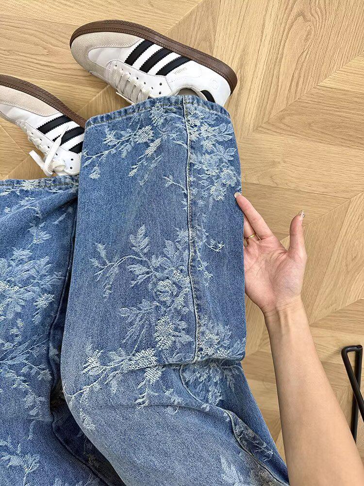 Женские осенние джинсы-кюлоты с жаккардовой вышивкой - Свободного кроя, Длина в пол для фигуры типа "груша"