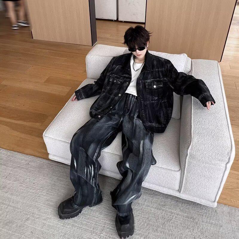 Men's Trendy Retro Washed Denim Two-Piece Suit: Jacket & Trousers