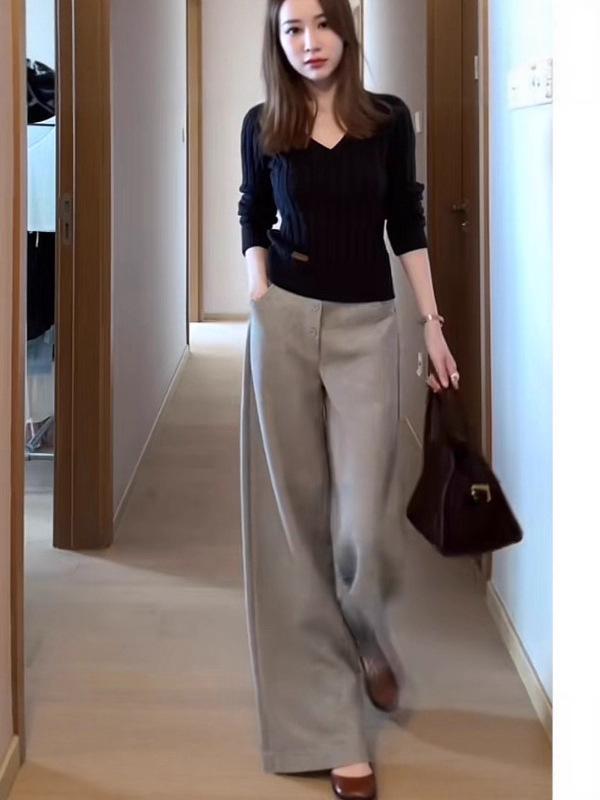 Женские серые брюки с высокой посадкой, на флисовой подкладке, с широкими штанинами – Весенне-осенние, повседневные и теплые