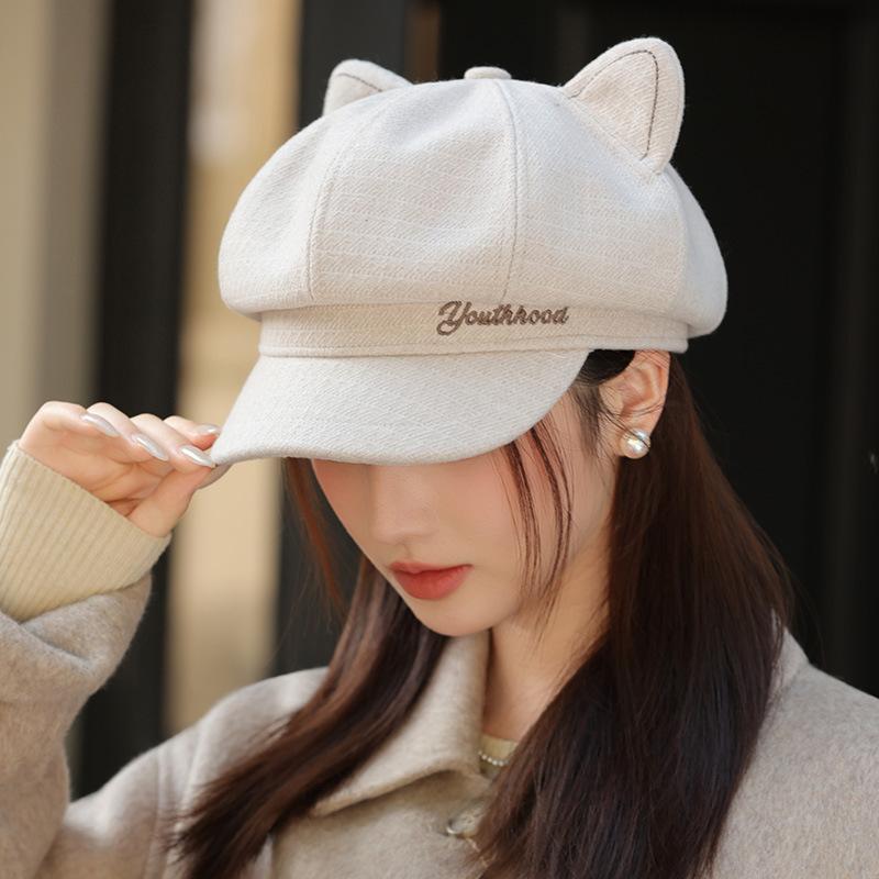 Ретро восьмиугольная шляпа для большой головы и лица на осень и зиму, маленький берет, универсальные кошачьи ушки и бейсболка