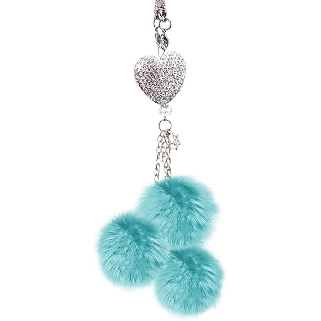 Bling Heart Rhinestones Diamond Car Accessories, Cute Love Heart Plush Ball Car Mirror Hanging Accessories Lucky Rearview Mirror Charms Decorations