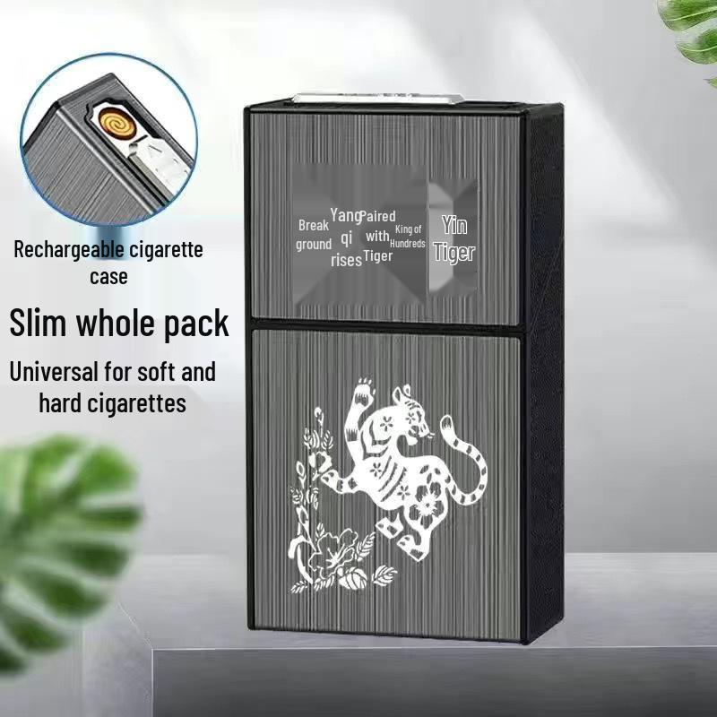 Slim 20-Piece Cigarette Case with Rechargeable Lighter - Moisture-Proof, Pressure-Resistant Flip-Top Design.