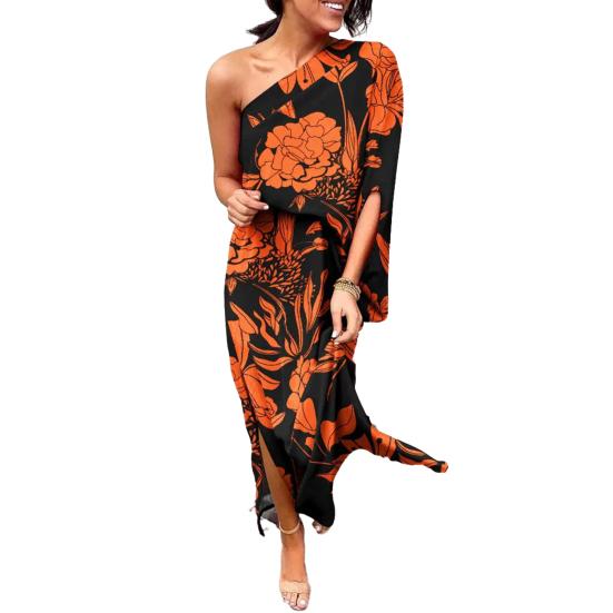 Женское платье макси на одно плечо с рукавами «летучая мышь» и цветочным принтом, длинное платье с разрезом