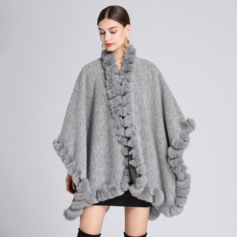 Зимняя женская накидка-шаль плюс бархатная утолщенная шаль с меховым воротником, свободная накидка большого размера, вязаный кардиган, куртка
