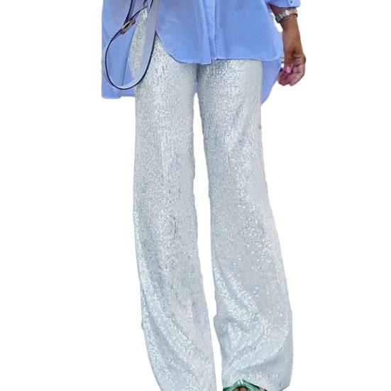 Женские брюки средней посадки однотонные с блестящими пайетками повседневные брюки широкие штанины сценические танцевальные брюки одежда для вечеринки в ночном клубе