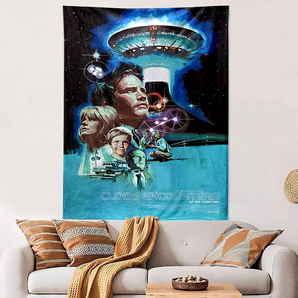 Close Encounters of the Third Kind Tapestry Wall Hanging, Spielberg UFO Movie Art, Retro Sci-Fi Wall Decor for Bedroom Living Room
