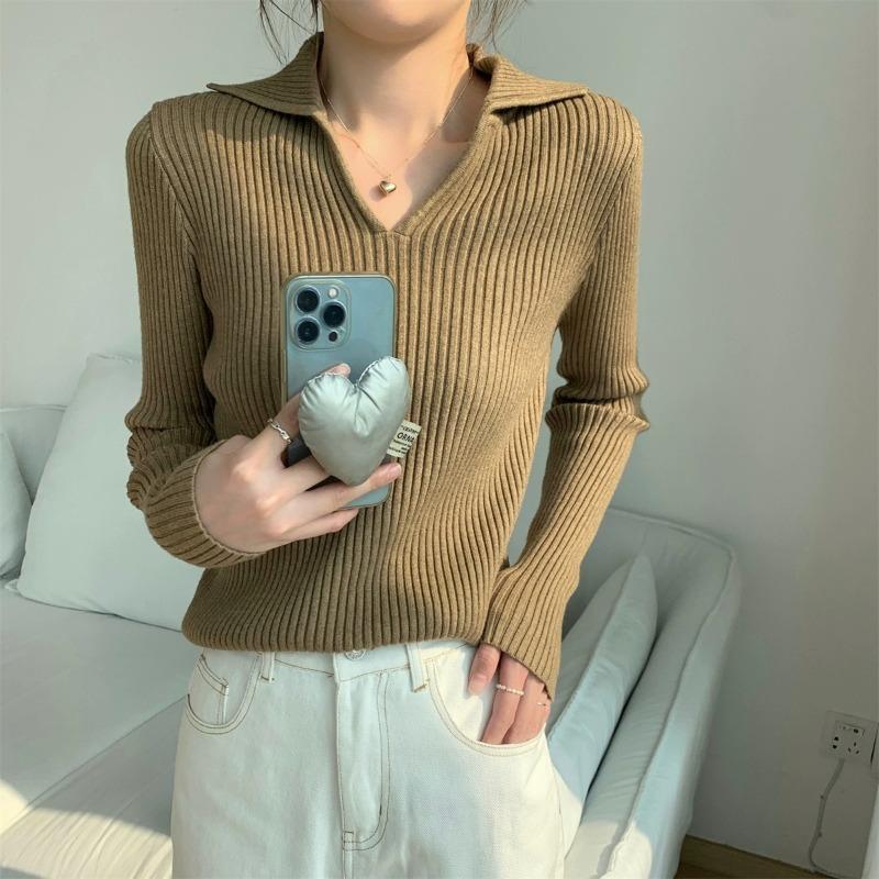 Polo Collar Long-sleeved Knitted Sweater Women's Clothing Early Autumn New Waist Slim-fit Sweater with Bottoming Shirt Top