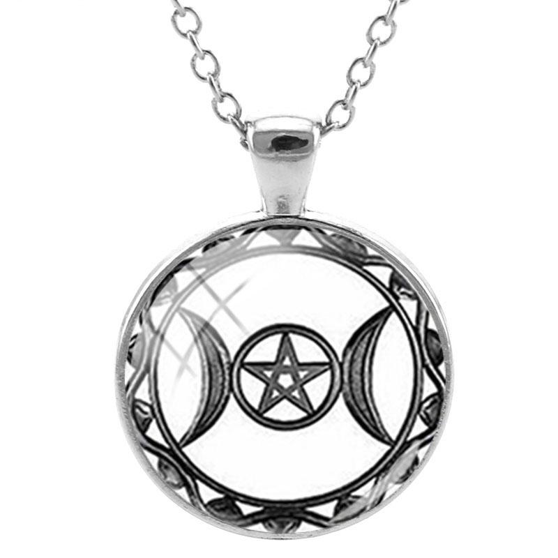 Triple Moon Goddess Wicca Round Glass Pendant Long Link Chains Necklaces Vintage Pattern Art Jewelry For Women Men