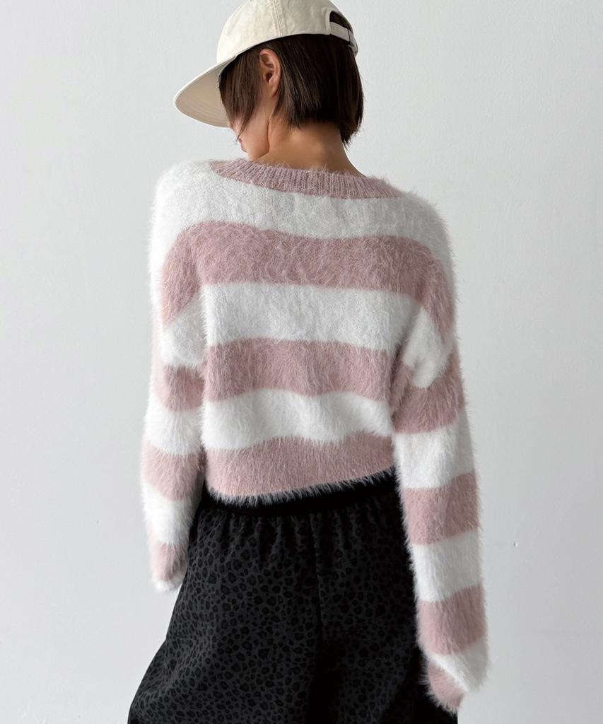 THE GREEN LAB Hairy Block Stripe Crop Knit [Pink]