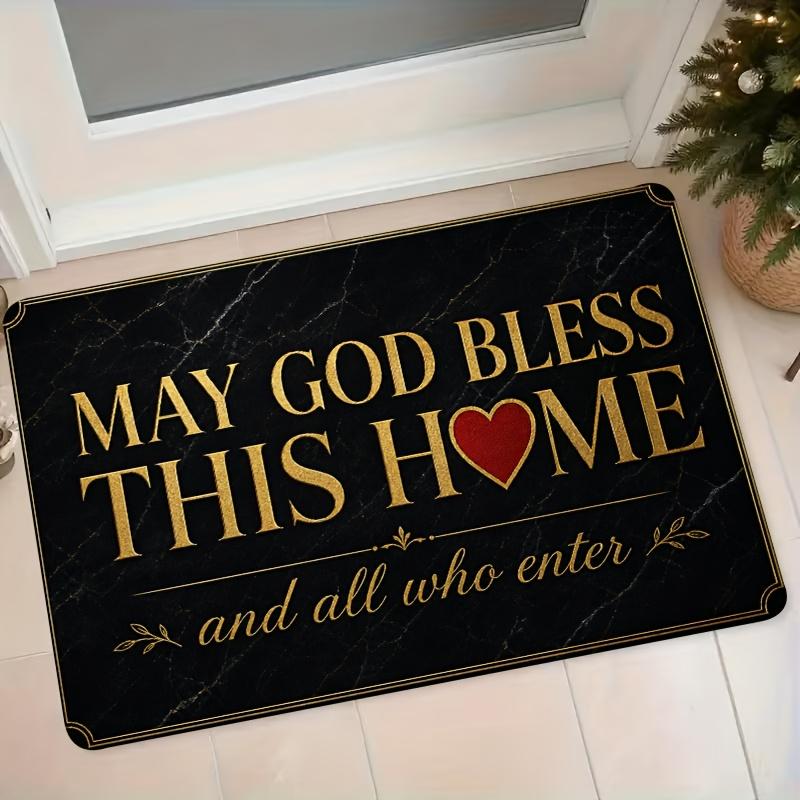1pc American Blessing Welcome Mat, Light Luxury Black Golden Marble Texture Home Entrance Anti-Slip Foot Mat, Flannel Absorbent Dust-Removing Door Mat