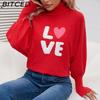 BITCED Valentine's Day LOVE Red Turtleneck Sweater Batwing Sleeve Oversized Pullover Knit Top