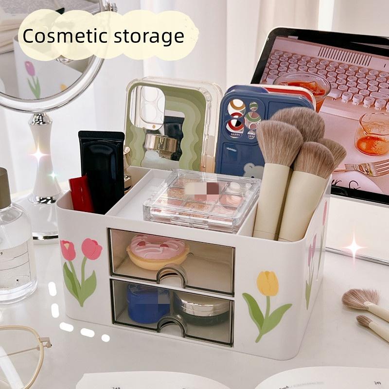 Kawaii Destop Organizer with Sticker Multi-function Lagre Capacity Drawer Stationery Holder Jewelry Hairclip Storage Student