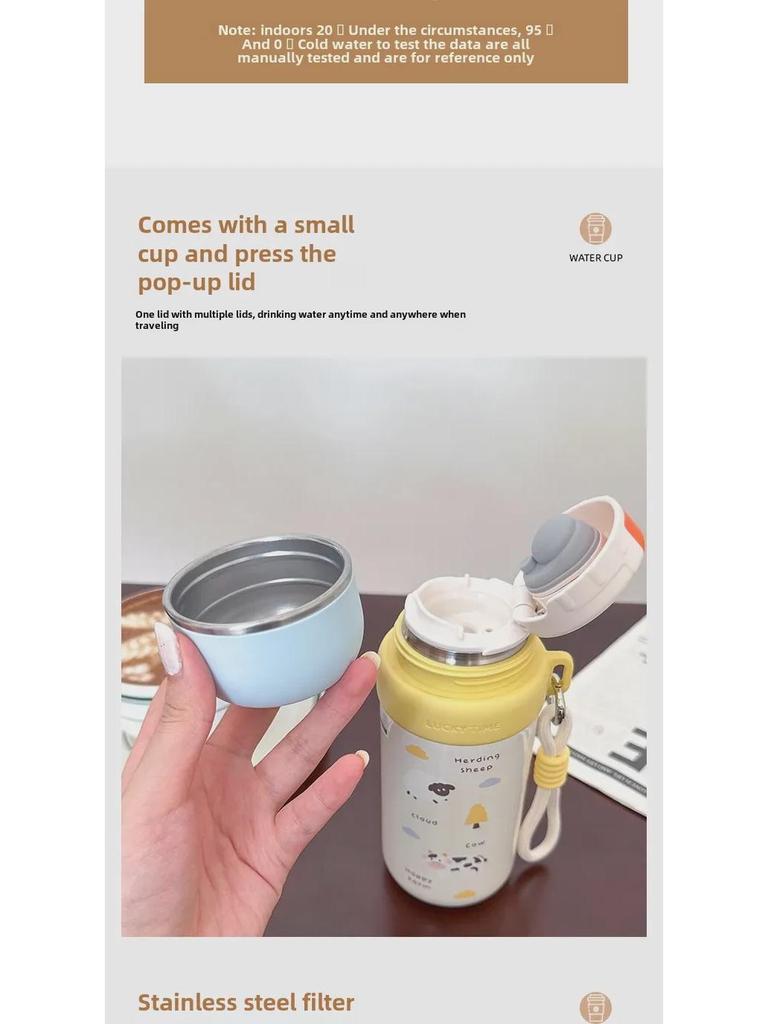 Dual-Use Cartoon Thermos Cup with Cute Rope - Stainless Steel Portable Water Bottle for Girls