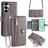For Samsung Galaxy S25+ Leather Case Zipper Pocket Wallet Phone Cover with 2 Straps