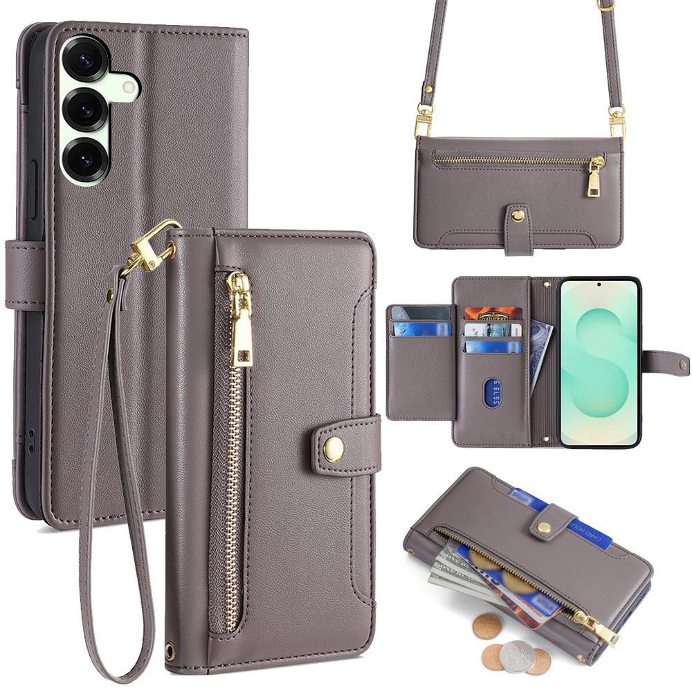 For Samsung Galaxy S25+ Leather Case Zipper Pocket Wallet Phone Cover with 2 Straps